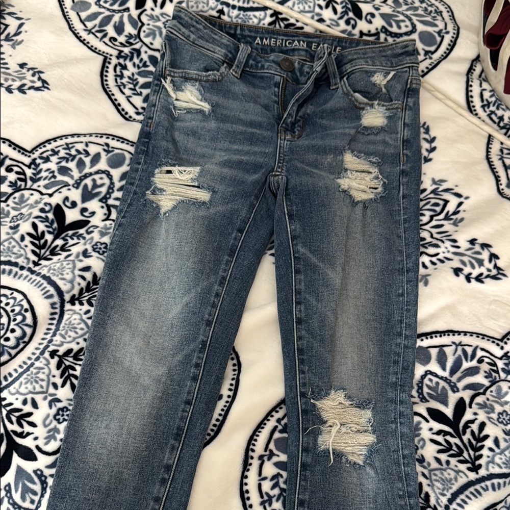 American Eagle Outfitters Blue Skinny Jeans with Distressed Details